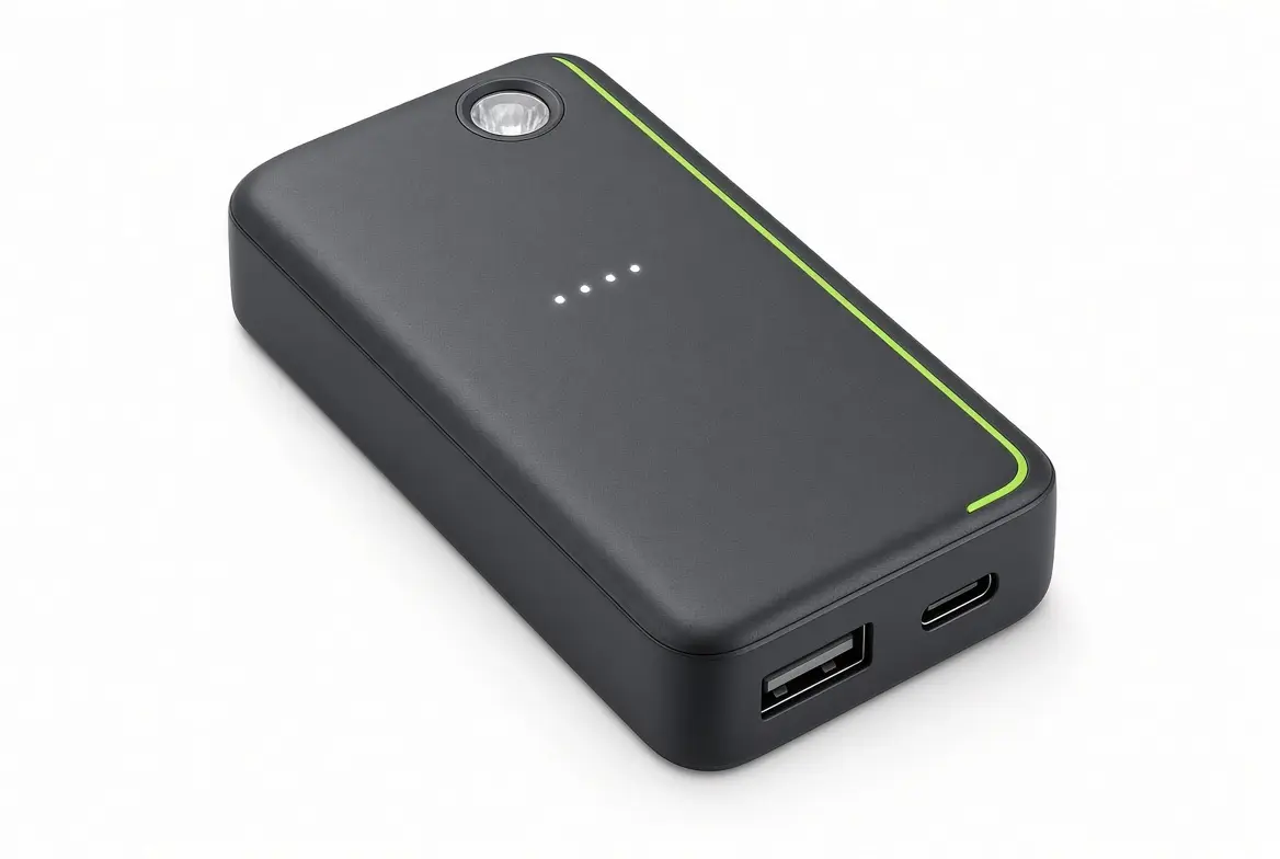 Powerbank 10000 mAh z latarką na białym tle